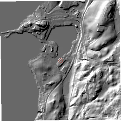 Shaded relief map of the ground around LA233BN, computed from Environment Agency LiDAR. The ground here sits at about 40 m above sea level and falls 64 m across the surrounding 800 m. Surface water reaching this point runs off ground lying to the south-east, 62.7 m higher.