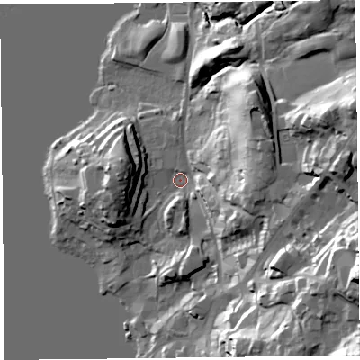Shaded relief map of the ground around LA233DN, computed from Environment Agency LiDAR. The ground here sits at about 45 m above sea level and falls 55 m across the surrounding 800 m. Surface water reaching this point runs off ground lying to the south-east, 14.5 m higher.