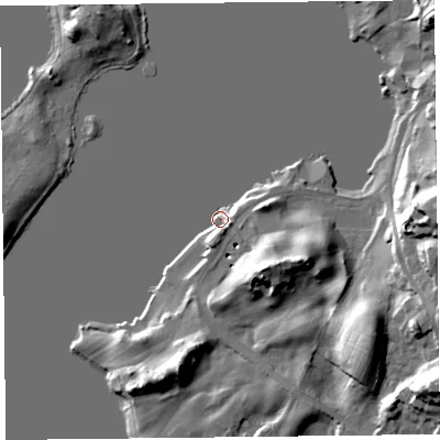 Shaded relief map of the ground around LA233HE, computed from Environment Agency LiDAR. The ground here sits at about 42 m above sea level and falls 24 m across the surrounding 800 m. Surface water reaching this point runs off ground lying to the east, 19.1 m higher.