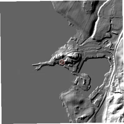 Shaded relief map of the ground around LA233JH, computed from Environment Agency LiDAR. The ground here sits at about 43 m above sea level and falls 36 m across the surrounding 800 m. Surface water reaching this point runs off ground lying to the south-east, 35.9 m higher.