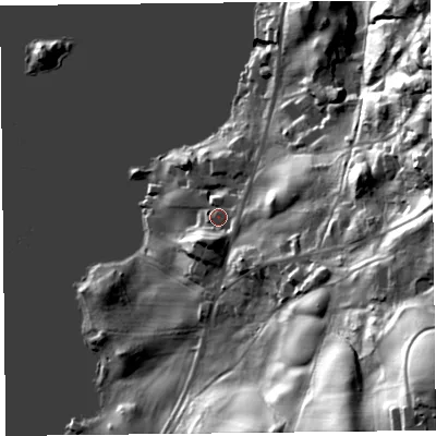 Shaded relief map of the ground around LA233LB, computed from Environment Agency LiDAR. The ground here sits at about 47 m above sea level and falls 66 m across the surrounding 800 m. Surface water reaching this point runs off ground lying to the south-south-east, 9.9 m higher.