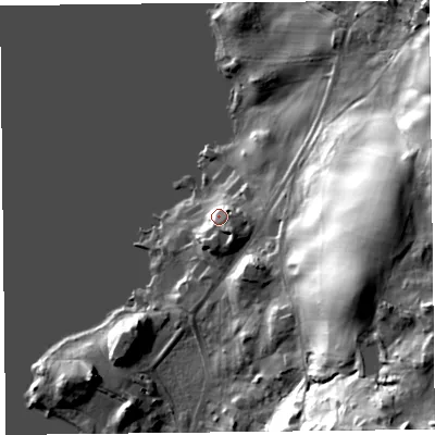 Shaded relief map of the ground around LA233LF, computed from Environment Agency LiDAR. The ground here sits at about 48 m above sea level and falls 50 m across the surrounding 800 m. Surface water reaching this point runs off ground lying to the south-south-east, 2.1 m higher.