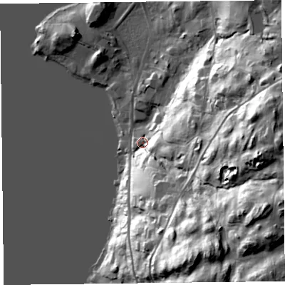 Shaded relief map of the ground around LA233LH, computed from Environment Agency LiDAR. The ground here sits at about 45 m above sea level and falls 68 m across the surrounding 800 m. Surface water reaching this point runs off ground lying to the south-east, 62.9 m higher.
