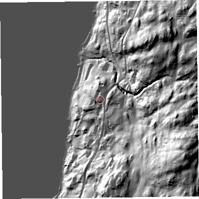 Shaded relief map of the ground around LA233LJ, computed from Environment Agency LiDAR. The ground here sits at about 67 m above sea level and falls 104 m across the surrounding 800 m. Surface water reaching this point runs off ground lying to the south-east, 75.4 m higher.