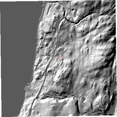 Shaded relief map of the ground around LA233LL, computed from Environment Agency LiDAR. The ground here sits at about 71 m above sea level and falls 104 m across the surrounding 800 m. Surface water reaching this point runs off ground lying to the south-south-east, 32.9 m higher.