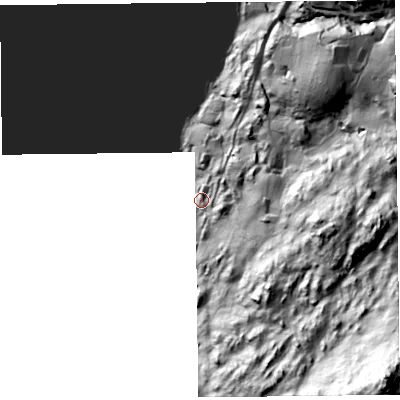 Shaded relief map of the ground around LA233LP, computed from Environment Agency LiDAR. The ground here sits at about 59 m above sea level and falls 165 m across the surrounding 800 m. Surface water reaching this point runs off ground lying to the south-east, 152.8 m higher.