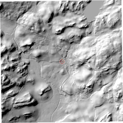 Shaded relief map of the ground around LA233NN, computed from Environment Agency LiDAR. The ground here sits at about 71 m above sea level and falls 66 m across the surrounding 800 m. Surface water reaching this point runs off ground lying to the north-north-east, 42.6 m higher.