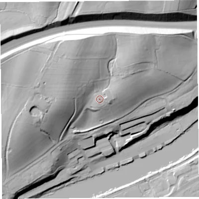 Shaded relief map of the ground around LA26BL, computed from Environment Agency LiDAR. The ground here sits at about 36 m above sea level and falls 49 m across the surrounding 800 m. Surface water reaching this point runs off ground lying to the east-north-east, 3.5 m higher.