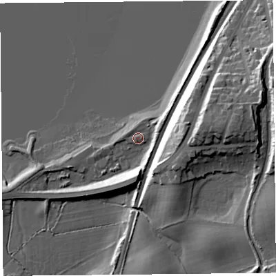 Shaded relief map of the ground around LA26EQ, computed from Environment Agency LiDAR. The ground here sits at about 7 m above sea level and falls 27 m across the surrounding 800 m. Surface water reaching this point runs off ground lying to the south, 11.9 m higher.