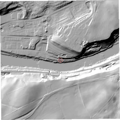 Shaded relief map of the ground around LA26FD, computed from Environment Agency LiDAR. The ground here sits at about 13 m above sea level and falls 46 m across the surrounding 800 m. Surface water reaching this point runs off ground lying to the north-north-east, 27.8 m higher.