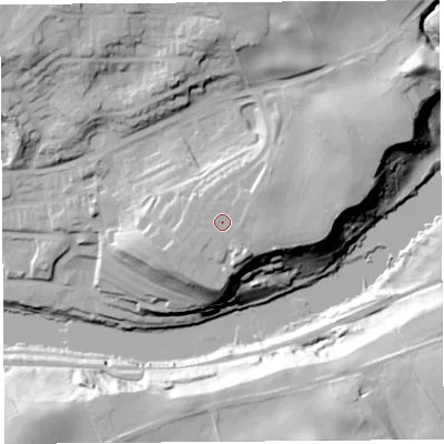 Shaded relief map of the ground around LA26FH, computed from Environment Agency LiDAR. The ground here sits at about 38 m above sea level and falls 42 m across the surrounding 800 m. Surface water reaching this point runs off ground lying to the east-north-east, 0.6 m higher.