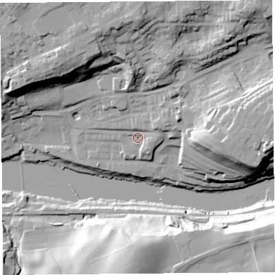 Shaded relief map of the ground around LA26GZ, computed from Environment Agency LiDAR. The ground here sits at about 15 m above sea level and falls 41 m across the surrounding 800 m. Surface water reaching this point runs off ground lying to the east-north-east, 6.2 m higher.