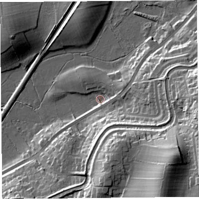 Shaded relief map of the ground around LA26HG, computed from Environment Agency LiDAR. The ground here sits at about 6 m above sea level and falls 38 m across the surrounding 800 m. Surface water reaching this point runs off ground lying to the east-north-east, 11.2 m higher.