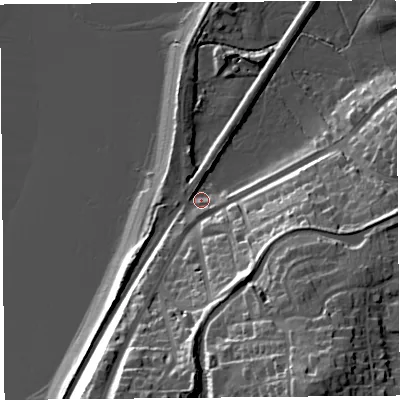 Shaded relief map of the ground around LA26HN, computed from Environment Agency LiDAR. The ground here sits at about 7 m above sea level and falls 33 m across the surrounding 800 m. Surface water reaching this point runs off ground lying to the south-south-west, 4.5 m higher.