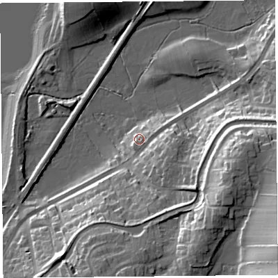 Shaded relief map of the ground around LA26HQ, computed from Environment Agency LiDAR. The ground here sits at about 10 m above sea level and falls 37 m across the surrounding 800 m. Surface water reaching this point runs off ground lying to the south-east, 3.5 m higher.