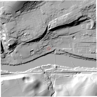 Shaded relief map of the ground around LA26LH, computed from Environment Agency LiDAR. The ground here sits at about 12 m above sea level and falls 55 m across the surrounding 800 m. Surface water reaching this point runs off ground lying to the north-north-west, 24.3 m higher.