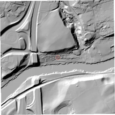 Shaded relief map of the ground around LA26LP, computed from Environment Agency LiDAR. The ground here sits at about 12 m above sea level and falls 46 m across the surrounding 800 m. Surface water reaching this point runs off ground lying to the north, 24.7 m higher.