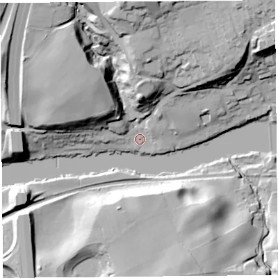 Shaded relief map of the ground around LA26LR, computed from Environment Agency LiDAR. The ground here sits at about 9 m above sea level and falls 41 m across the surrounding 800 m. Surface water reaching this point runs off ground lying to the north, 37.8 m higher.