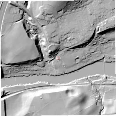 Shaded relief map of the ground around LA26LS, computed from Environment Agency LiDAR. The ground here sits at about 16 m above sea level and falls 53 m across the surrounding 800 m. Surface water reaching this point runs off ground lying to the north, 44.1 m higher.
