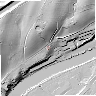 Shaded relief map of the ground around LA26LW, computed from Environment Agency LiDAR. The ground here sits at about 22 m above sea level and falls 46 m across the surrounding 800 m. Surface water reaching this point runs off ground lying to the north-west, 20.8 m higher.