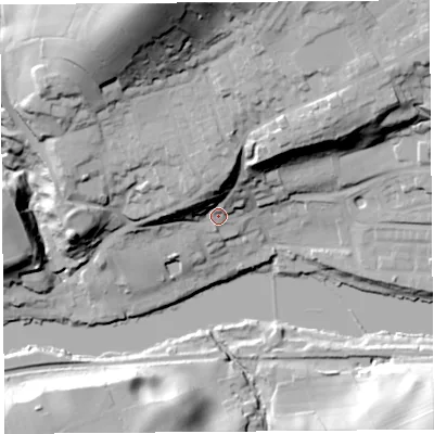 Shaded relief map of the ground around LA26LZ, computed from Environment Agency LiDAR. The ground here sits at about 17 m above sea level and falls 65 m across the surrounding 800 m. Surface water reaching this point runs off ground lying to the north, 19.7 m higher.