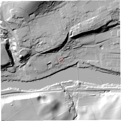 Shaded relief map of the ground around LA26NA, computed from Environment Agency LiDAR. The ground here sits at about 15 m above sea level and falls 56 m across the surrounding 800 m. Surface water reaching this point runs off ground lying to the north-west, 5.6 m higher.