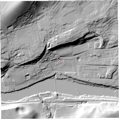 Shaded relief map of the ground around LA26NB, computed from Environment Agency LiDAR. The ground here sits at about 14 m above sea level and falls 68 m across the surrounding 800 m. Surface water reaching this point runs off ground lying to the north-north-east, 27.1 m higher.