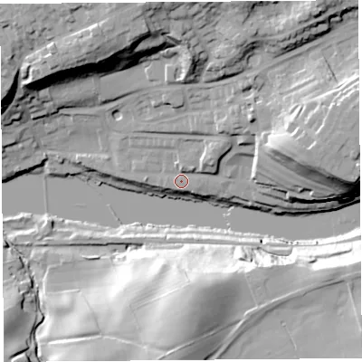 Shaded relief map of the ground around LA26ND, computed from Environment Agency LiDAR. The ground here sits at about 13 m above sea level and falls 41 m across the surrounding 800 m. Surface water reaching this point runs off ground lying to the north-east, 13.4 m higher.