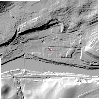 Shaded relief map of the ground around LA26RJ, computed from Environment Agency LiDAR. The ground here sits at about 13 m above sea level and falls 52 m across the surrounding 800 m. Surface water reaching this point runs off ground lying to the east, 9.4 m higher.