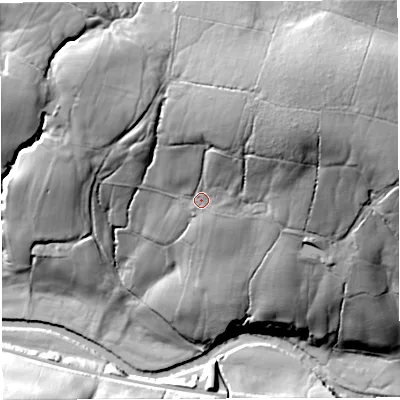 Shaded relief map of the ground around LA27AL, computed from Environment Agency LiDAR. The ground here sits at about 132 m above sea level and falls 72 m across the surrounding 800 m. Surface water reaching this point runs off ground lying to the north-north-east, 31.7 m higher.