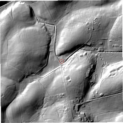 Shaded relief map of the ground around LA27AQ, computed from Environment Agency LiDAR. The ground here sits at about 112 m above sea level and falls 32 m across the surrounding 800 m. Surface water reaching this point runs off ground lying to the east-south-east, 23.0 m higher.
