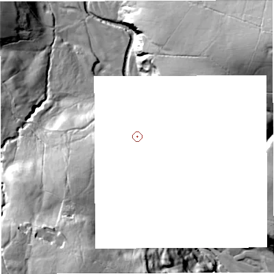 Shaded relief map of the ground around LA27AS, computed from Environment Agency LiDAR. and falls 68 m across the surrounding 800 m.