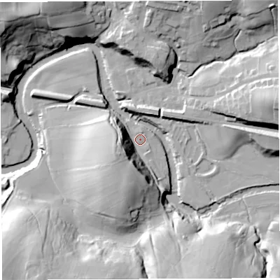 Shaded relief map of the ground around LA27BF, computed from Environment Agency LiDAR. The ground here sits at about 68 m above sea level and falls 38 m across the surrounding 800 m. Surface water reaching this point runs off ground lying to the south-south-west, 21.0 m higher.