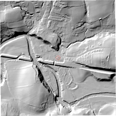 Shaded relief map of the ground around LA27BX, computed from Environment Agency LiDAR. The ground here sits at about 69 m above sea level and falls 40 m across the surrounding 800 m. Surface water reaching this point runs off ground lying to the east, 22.8 m higher.