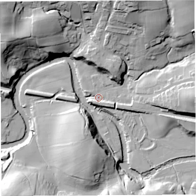 Shaded relief map of the ground around LA27BY, computed from Environment Agency LiDAR. The ground here sits at about 67 m above sea level and falls 40 m across the surrounding 800 m. Surface water reaching this point runs off ground lying to the north-north-east, 35.2 m higher.