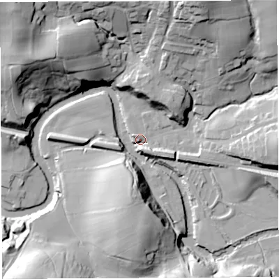 Shaded relief map of the ground around LA27BZ, computed from Environment Agency LiDAR. The ground here sits at about 68 m above sea level and falls 42 m across the surrounding 800 m. Surface water reaching this point runs off ground lying to the north-north-east, 37.4 m higher.
