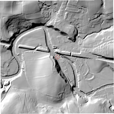 Shaded relief map of the ground around LA27DA, computed from Environment Agency LiDAR. The ground here sits at about 66 m above sea level and falls 37 m across the surrounding 800 m. Surface water reaching this point runs off ground lying to the south-south-east, 26.7 m higher.