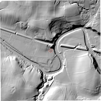 Shaded relief map of the ground around LA27DD, computed from Environment Agency LiDAR. The ground here sits at about 67 m above sea level and falls 43 m across the surrounding 800 m. Surface water reaching this point runs off ground lying to the north-north-east, 9.3 m higher.