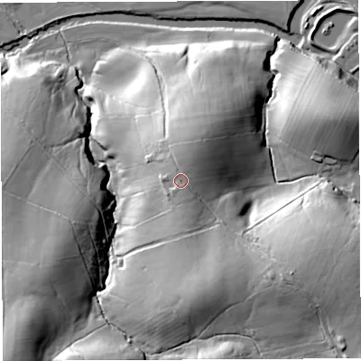 Shaded relief map of the ground around LA27DF, computed from Environment Agency LiDAR. The ground here sits at about 101 m above sea level and falls 46 m across the surrounding 800 m. Surface water reaching this point runs off ground lying to the north-east, 2.3 m higher.