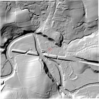 Shaded relief map of the ground around LA27DP, computed from Environment Agency LiDAR. The ground here sits at about 67 m above sea level and falls 43 m across the surrounding 800 m. Surface water reaching this point runs off ground lying to the north-north-east, 35.9 m higher.