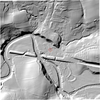Shaded relief map of the ground around LA27DR, computed from Environment Agency LiDAR. The ground here sits at about 67 m above sea level and falls 43 m across the surrounding 800 m. Surface water reaching this point runs off ground lying to the north-north-east, 36.4 m higher.