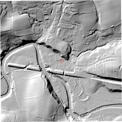 Shaded relief map of the ground around LA27DS, computed from Environment Agency LiDAR. The ground here sits at about 67 m above sea level and falls 43 m across the surrounding 800 m. Surface water reaching this point runs off ground lying to the north-north-east, 36.0 m higher.