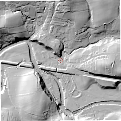 Shaded relief map of the ground around LA27DU, computed from Environment Agency LiDAR. The ground here sits at about 68 m above sea level and falls 42 m across the surrounding 800 m. Surface water reaching this point runs off ground lying to the north-east, 35.2 m higher.