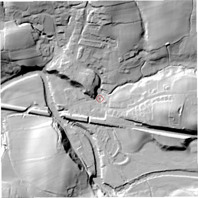 Shaded relief map of the ground around LA27DX, computed from Environment Agency LiDAR. The ground here sits at about 68 m above sea level and falls 45 m across the surrounding 800 m. Surface water reaching this point runs off ground lying to the north-east, 38.3 m higher.