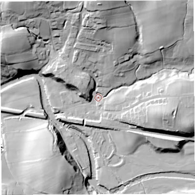 Shaded relief map of the ground around LA27DY, computed from Environment Agency LiDAR. The ground here sits at about 69 m above sea level and falls 46 m across the surrounding 800 m. Surface water reaching this point runs off ground lying to the north-east, 40.7 m higher.