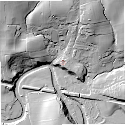 Shaded relief map of the ground around LA27EF, computed from Environment Agency LiDAR. The ground here sits at about 79 m above sea level and falls 49 m across the surrounding 800 m. Surface water reaching this point runs off ground lying to the east, 4.2 m higher.