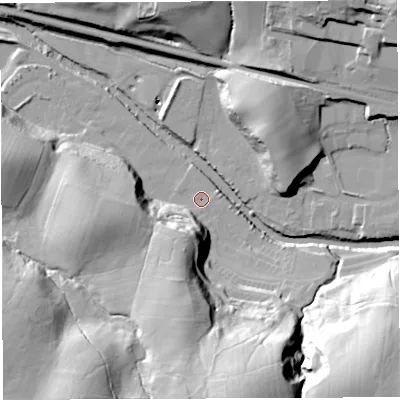 Shaded relief map of the ground around LA27FJ, computed from Environment Agency LiDAR. The ground here sits at about 77 m above sea level and falls 45 m across the surrounding 800 m. Surface water reaching this point runs off ground lying to the south-south-east, 40.4 m higher.