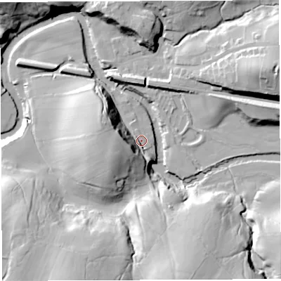 Shaded relief map of the ground around LA27FL, computed from Environment Agency LiDAR. The ground here sits at about 69 m above sea level and falls 44 m across the surrounding 800 m. Surface water reaching this point runs off ground lying to the west-south-west, 20.7 m higher.