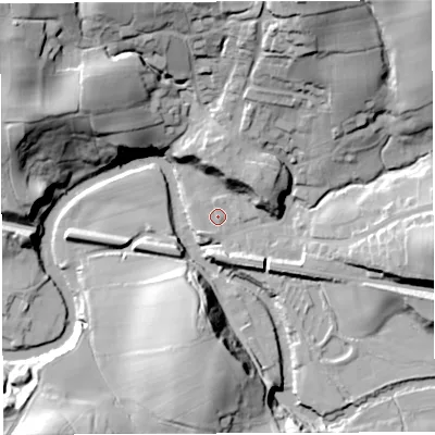 Shaded relief map of the ground around LA27GH, computed from Environment Agency LiDAR. The ground here sits at about 68 m above sea level and falls 45 m across the surrounding 800 m. Surface water reaching this point runs off ground lying to the south-west, 1.8 m higher.