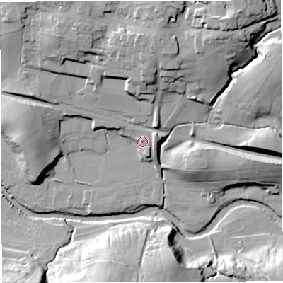 Shaded relief map of the ground around LA27LJ, computed from Environment Agency LiDAR. The ground here sits at about 87 m above sea level and falls 40 m across the surrounding 800 m. Surface water reaching this point runs off ground lying to the east-north-east, 7.6 m higher.